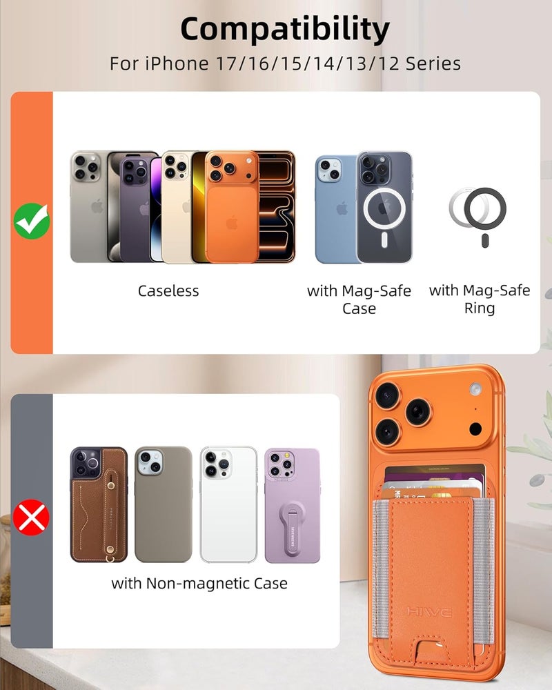 HiWe for MagSafe Wallet, Stronger Magnetic Wallet for iPhone 17/16/15/14/13/12 Series, 7 Cards Holder, Vegan Leather Minimalist Slim RFID, 1 Slot, Cosmic Orange & Grey - Image 4